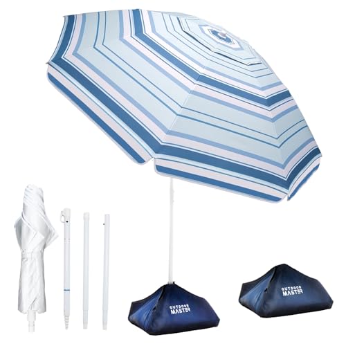 OutdoorMaster 7.2ft Beach Umbrellas for Sand with Sandbag & Anchor | 7.2ft Adjustable Umbrella for Beach, Wind Resistant, Portable UPF50+ Sunshade with Carry Bag for Patio - color: Cyan Striped