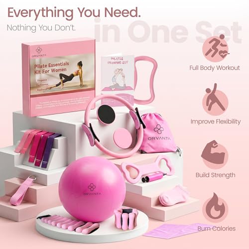 19 PCS Pilates Kit for Home Workouts - Pilates Equipment Set, 14.5" Pilates Accessories with Adjustable Wrist Weights, Pilates Ring and Ball, 5 Resistance Bands, Core Sliders, Socks