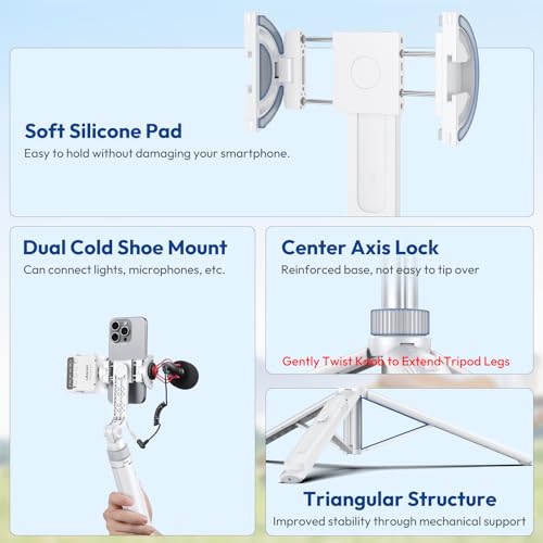 ULANZI TT88 Magnetic Tripod for iPhone 17, 57" Extendable Selfie Stick w Remote, 2-in-1 Phone Clip & Dual Cold Shoe Mounts-Lightweight Phone Tripod Stand for Vlogging, Travel, Video Recording, White - color: White, size: 57"