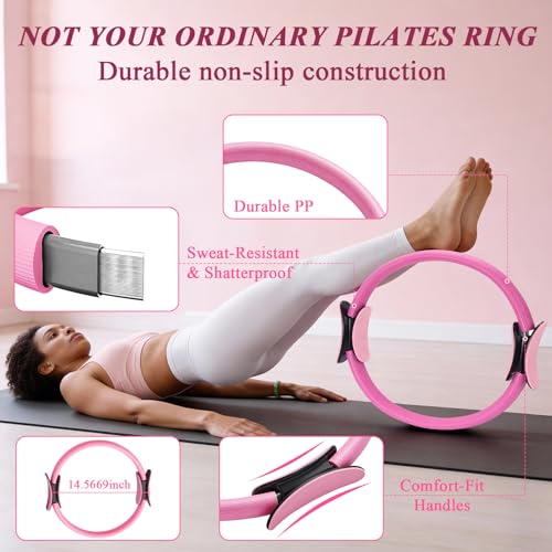Pilates Ring and Small Ball Set for Women with 5 Resistance Bands, 14 inch Magic Circle Home Workout Essentials Starter Kit for Beginners, Yoga Sets for Full Body Toning Shape - color: Pink