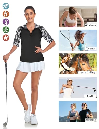 Cucuchy Womens Golf Shirt Half Sleeve Quarter Zip Polo Tennis Shirts Workout Tops - color: B-leaf Black White, size: XX-Large