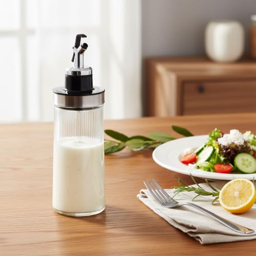 Salad Dressing Shaker Bottle, Ribbed Glass Dressing Bottle for Kitchen Table, Glass Oil Dispenser, Syrup Dispenser, Soy Sauce Dispenser and Condiment Bottle for Meal Prep, Dining and Coffee Bar