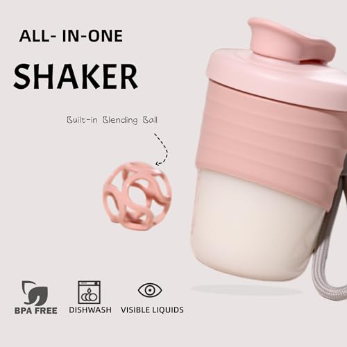 Protein Shaker Bottle, Pink, 14 oz Leak-Proof with Non-Slip Silicone Grip, Mixing Ball, Detachable Nylon Strap