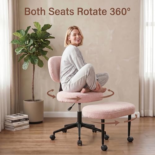 Cross Legged Office Chair with Wheels, 360 Swivel Height-Adjustable Meditation Chair with Lumbar Support, Pink - color: Pink, size: Oval Back