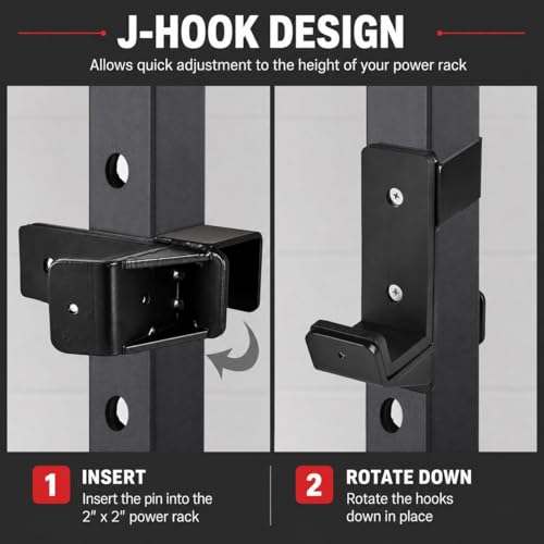 J Hooks for 2" x 2" Power Rack, Rubber Pad J-Hook for Power Cage, Bottom Reinforced Steel J Cups for Squat Rack, Heavy Duty Barbell Holder, Black - size: for 2"x2" Rack with " 1/2 Hole