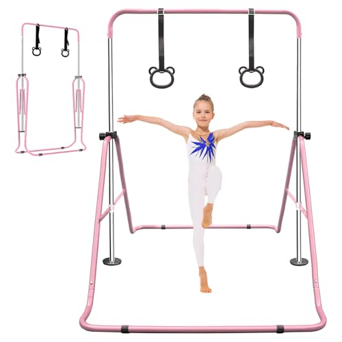 Gymnastic Bars for Kids with Attachable Rings, Height Adjustable Junior Training Horizontal Bars, Foldable Gymnastic Training Kip Bar for Home - color: Pink