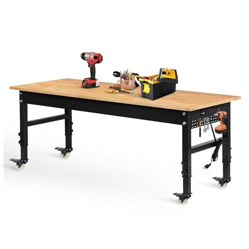 Betterhood 70" Adjustable Workbench on Wheels, 2000 LBS Heavy Duty Work Table with Power Outlets & Pegboard, Rubber Wood Workstation for Garage, Workshop, Office, Home, Commercial - size: Metal Wheels / Pegboard / Power Outlets / 70"x21"