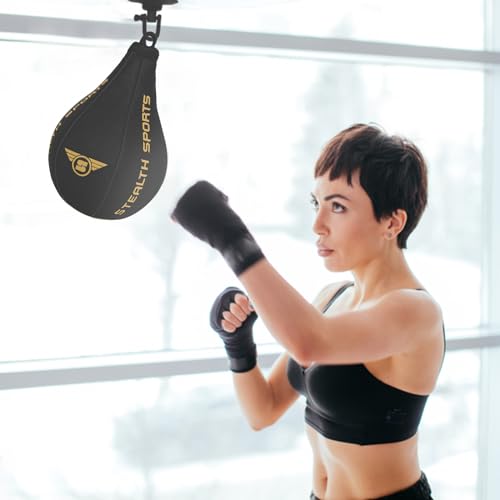 Speed Ball Boxing – MMA Speed Bag & Hanging Swivel Kit for Boxing Training – Punching Bag for Muay Thai, Kickboxing, Martial Arts, Reflex and Speed Training Striking Bag - color: Matt Black & Gold