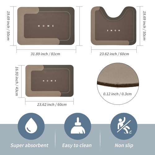 Housego Absorbent Bath Mat, Quick Dry Bath Rug, Non-Slip, 3PCS, Brown | 3PCS Absorbent Bath Mat Magic Rug Sets; Quick Drying Bath Mat Non-Slip Floor Rug Rubber Backed for Bathroom Kitchen Shower - color: Brown, size: 3 PCS