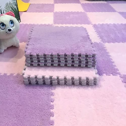 10pcs Plush Puzzle Foam Floor Mat, Soft Fluffy Interlocking Square Foam Tiles Area Rugs Carpet for Parlor Bedroom Decoration(11.8x11.8in, Purple & Pink) - color: Purple & Pink