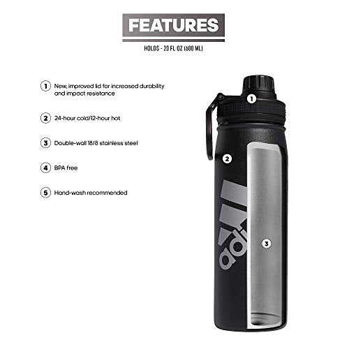 adidas Stainless Steel Metal Water Bottle 20 oz (600 mL) Screw Cap - color: Black/Silver Metallic