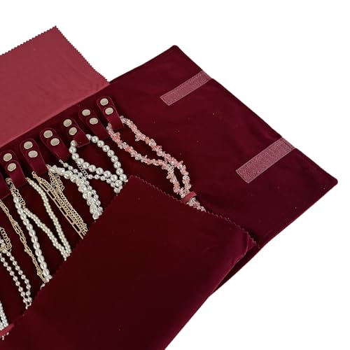 UnionPlus Velvet Travel Jewelry Roll Bag Organizer for Necklace, Elastic Band and Anti-winding, Burgundy - color: Burgundy, size: Medium