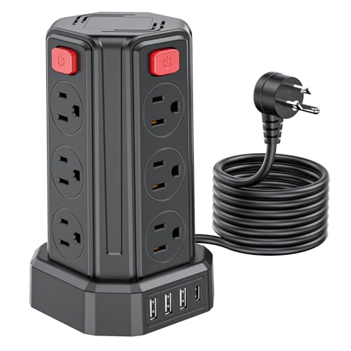 Power Strip Surge Protector, 10 Ft Extension Cord with 12 AC Multiple Outlets 4 USB (1 USB C), SMALLRT Power Tower Desktop Charging Station - color: Black, size: 10 ft PD20W