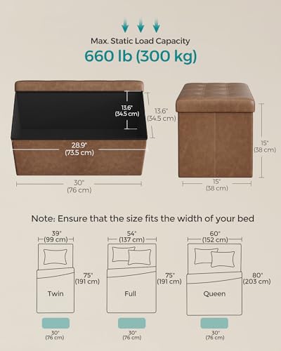 SONGMICS Mazie Collection - 30 Inches Folding Storage Ottoman Bench, Ottoman with Storage, Foot Rest Stool, Load 660 lb, for Living Room, Synthetic Leather, Coffee Brown ULSF040K11 - color: Coffee Brown, size: 15"D x 30"W x 15"H