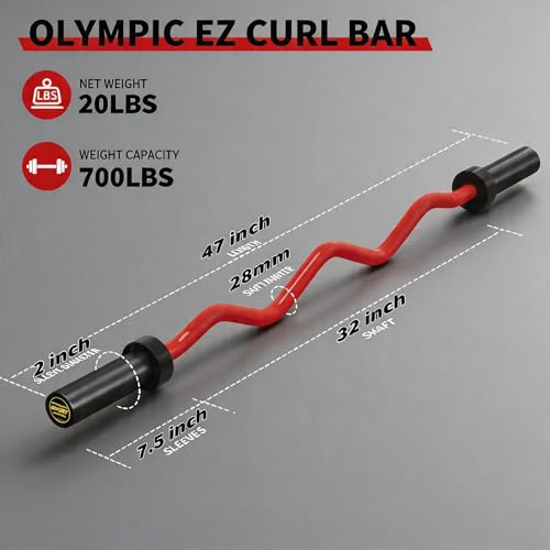 Olympic EZ Curl Barbell Bar 47" – Professional Curl Bar for Biceps, Triceps, Squat & Hip Thrusts, 700lb Weight Capacity, Fit 2-Inch Plates – Home Gym Strength Training Bar - color: Red