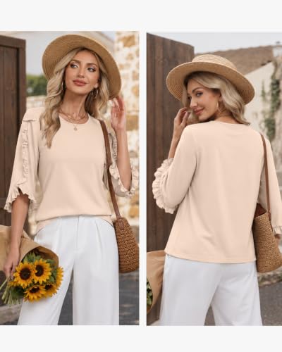 3/4 Length Sleeve Womens Tops Crewneck Ruffle Sleeve Shirts Dressy Casual Blouse Summer Fall Fashion Business Outfit - color: Apricot, size: Large