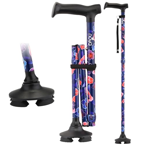 NOVA Foldable Quad Cane for Seniors, Self Standing Adjustable Walking Cane with Pivoting Quad Tip, Lightweight Collapsible Mobility Aid, Bonus Carry Pouch & Replacement Tips, Maui Flowers - color: Aloha Flowers