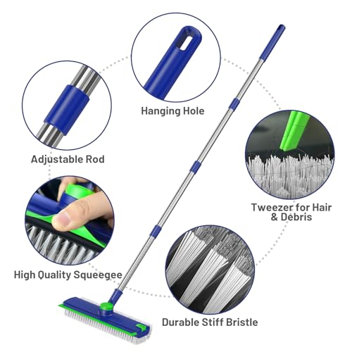 3 in 1 Floor Scrub Brush with Long Handle & Squeegee | Heavy-Duty, Adjustable, 360° Rotating Head for Cleaning Tile Bathroom Deck Kitchen Patio, Blue - color: Blue
