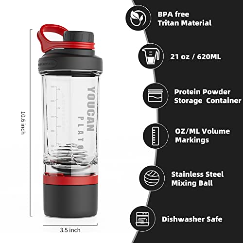 21oz Protein Shaker Bottle with Powder Storage Container-Shaker Cups for Protein Shakes-pre workout bottle-Mixer Cup-Gym Sport Water Bottle -Made with Tritan BPA Free,with Wire Whisk Balls,Red - color: Red
