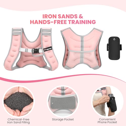 Fragraim Weighted Vest for Women Men - 8lb/10lb/12lb/16lb/22lb/25lb/30lb Weight Vest with Reflective Stripe, Detachable Phone Pouch, Ideal for Walking, Strength Training, Running, Workout, Cardio - color: Pink, size: 8 lb