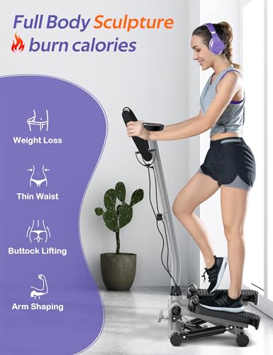Mini Stepper with Handlebar for Exercise, 330lbs Stair Climber Machine | Hydraulic Fitness Stair Stepper with Resistance Band, Portable Workout Equipment for Home - style: Stepper with Handlebar-Gray