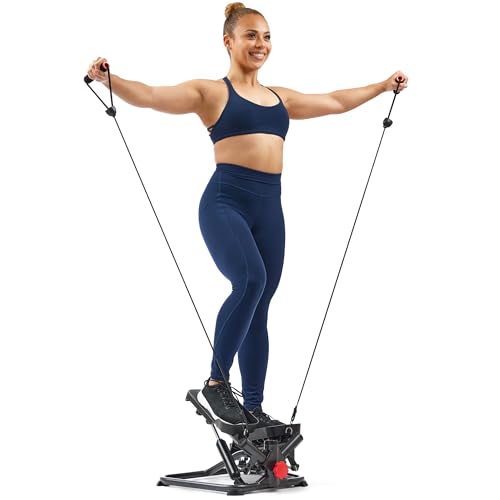 Sunny Health & Fitness Twist Stair Stepper with Resistance Bands | Low-Impact, Side-Twist Motion, Adjustable Step Height, Hydraulic Resistance, SunnyFit App, Up to 350 lb Capacity - color: Black Onyx