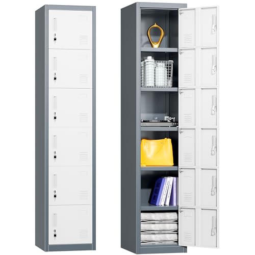 Greenvelly 72" Locker, Metal Lockers for Employees with 6 Doors and Keys, 6-Tiers Lockable Steel Storage Locker for Gym,School,Office,Sports,Card Slots,Vents(Grey White) - color: Grey White, size: 6 Doors