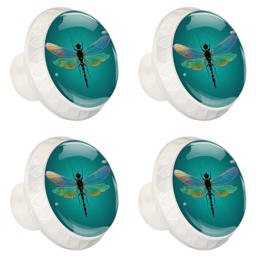 4 Pack White Cabinet Knobs Round Drawer Pulls, Dragonfly Green Drawer Handles, Kitchen Hardware for Dresser Drawers Closets Cupboard Bathroom Bedroom Home Decor - color: Dragonfly Green