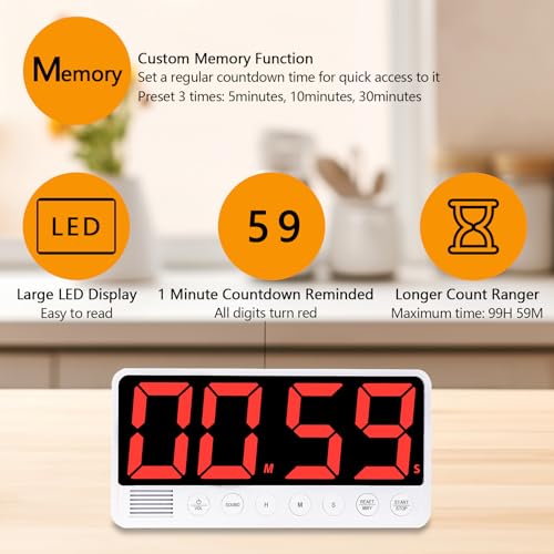 Digital Kitchen Timer - 7.1” Extra Large Display LED Magnetic Rechargeable Countdown/Up Timer, w/6 Alarms 4 Levels Volume Memory Function for Cooking, Classroom, Office, Home Gym(Black) - color: Black