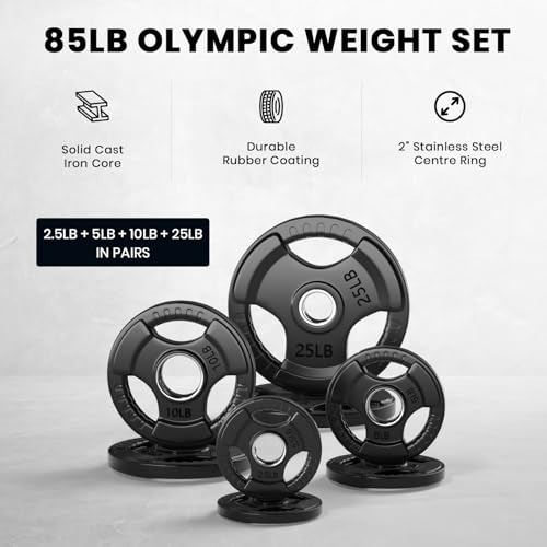 LIONSCOOL 2-Inch Rubber Olympic Grip Weight Plates for Strength Training, Weightlifting, Solid Cast Iron Plate for Barbell in Single/Pair/Set for Home & Gym (2.5-45LB), One Year Warranty - style: 85LB SET