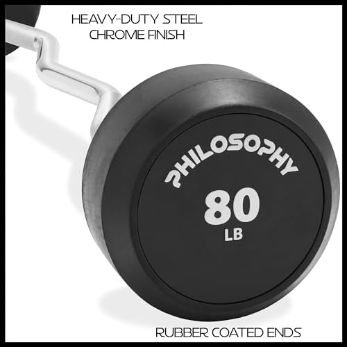 Philosophy Gym Rubber Fixed Barbell, Pre-Loaded Weight EZ Curl Bar for Strength Training & Weightlifting - style: 80 LB