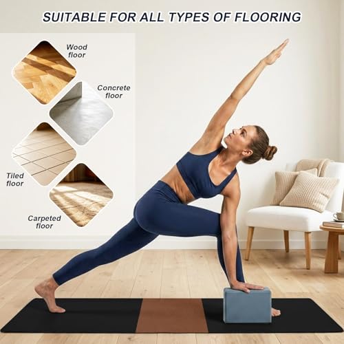 Yoga Mat Brown Black Non Slip Exercise Mat with Carrying Strap and Storage Bag Boho Style Fitness Mat for Yoga, Pilates, Stretching and Floor Workouts - color: Black, size: 72x32in