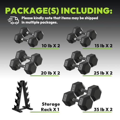 HANDBODE Hex Dumbbell Set with Vertical Storage Rack, 100–550 lb | Non-Slip Handle Design for Secure Grip, Rubber Encased Dumbbells, Hand Weights for Strength Training and Home Gym - style: 210 lb (10, 15, 20, 25, 35 lb) X 2 & Rack