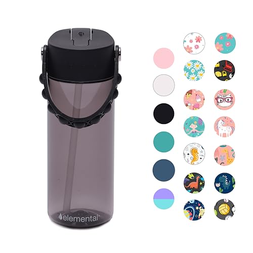 Elemental Leak Proof Water Bottles for Kids - Splash Kids Water Bottle for School with Pop-it Handle - Tritan Plastic Water Bottle with Straw - Shark & Black - 18oz (2 Pack) - color: Duo - Shark / Black
