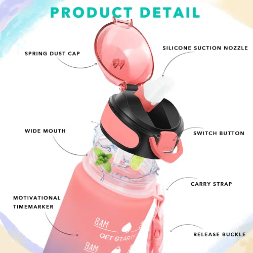 Enerbone 32 oz Drinking Water Bottle with Times to Drink and Straw, Motivational with Carrying Strap, Leakproof BPA & Toxic Free, Ensure You Drink Enough Water for Fitness Gym Outdoor - color: Pink-Blue