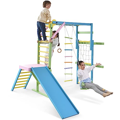 Avenlur Grove 9-in-1 Indoor Jungle Gym Playground: Montessori Waldorf Style Wood PlaySet for Kids, and Toddlers Features Monkey Bars, Rope Wall Net, Ladder, Climber, Slide, Ring Set. Ages 2-11yrs - color: Colorful