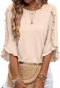 3/4 Length Sleeve Womens Tops Crewneck Ruffle Sleeve Shirts Dressy Casual Blouse Summer Fall Fashion Business Outfit - color: Apricot, size: Large