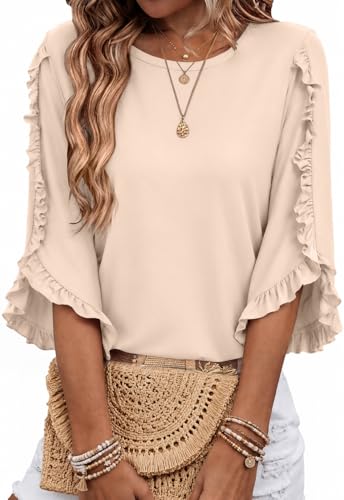 3/4 Length Sleeve Womens Tops Crewneck Ruffle Sleeve Shirts Dressy Casual Blouse Summer Fall Fashion Business Outfit - color: Apricot, size: Medium