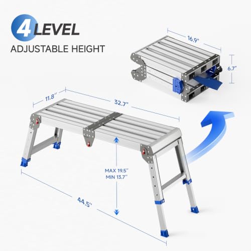 Loyoda Folding Work Platform for Adults, Portable Aluminum Step Stool 500lb | 13.7"-19.5" Adjustable Height, 11.8" x 32.7" Wide Platform for Garage, Painting, Reach High Shelves, Gardening, Car Wash - size: Medium
