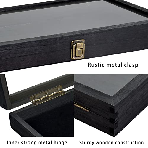 MOOCA Temper Glass Top Jewelry Display Case with Tempered Glass Lid and 54 Clip Body Jewelry Showcase Display Pad for Belly Button Rings, Tongue Rings, and Industrial Barbell Organizer, Black Color - color: Black Pad with Black Wood Case