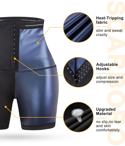 TrainingGirl Compression Sweat Shorts for Women Workout Sauna Suit Gym Sets High Waist Trainer Thigh Fat Slimmer Yoga Pants - color: Black Blue-inner Hooks, size: Large