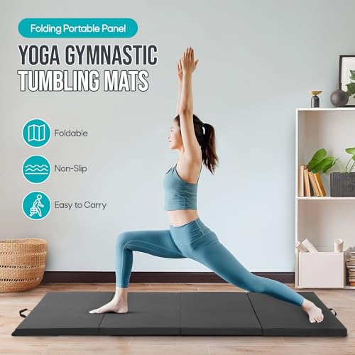 Gymnastics Mat - Tumbling & Exercise - 4 Folding - Indoor/Outdoor - Extra Thick - High Density - Yoga & Arts - color: BLACK