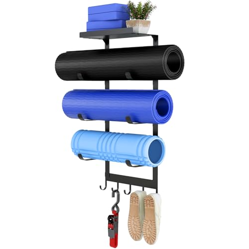 LSK Yoga Mat Holder Wall Mount, Black Yoga Mats Storage Rack, Home Gym Storage with Metal Floating Shelf for Storing Fitness, Yoga Mat Rack with 5 Hooks for Hanging Foam Rollers and Resistance Bands - color: Black