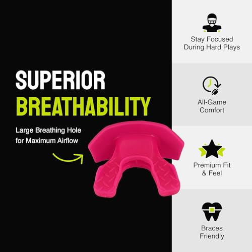 DAMAGE CONTROL Youth Football Mouth Guard – Breathable No Boil Mouthpiece, Protects Lips & Teeth, Works with Braces, Includes Helmet Strap – Sports Gear & Accessories (Hot Pink) - color: Hot Pink