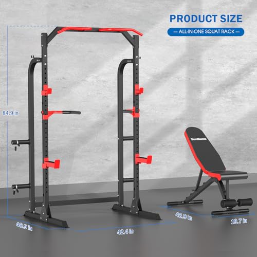 SunHome Power Cage Squat Rack, Power Rack with Pulley System, Adjustable Cable Crossover System, J-Hooks, Dip Handles, Weight Plate Storage - color: S5 with Bench