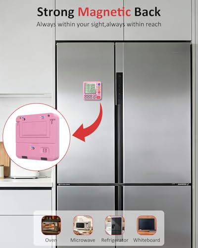 Digital Kitchen Timer with 4 Channel, Loud Alarm and Silent Mode | Magnetic Cooking Timer with Count Up & Countdown for Kids and Seniors, Large Display to Read, Auto Memory, Battery Included - color: Pink