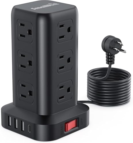 Extension Cord with Multiple Outlets, SMALLRT Power Strip Tower, 10FT Outlet Extender with 12 AC Outlets 4 USB, Power Strip with USB Ports for Home Office Dorm Room,Overload Protection - color: Black, size: 10 Ft without wireless charging