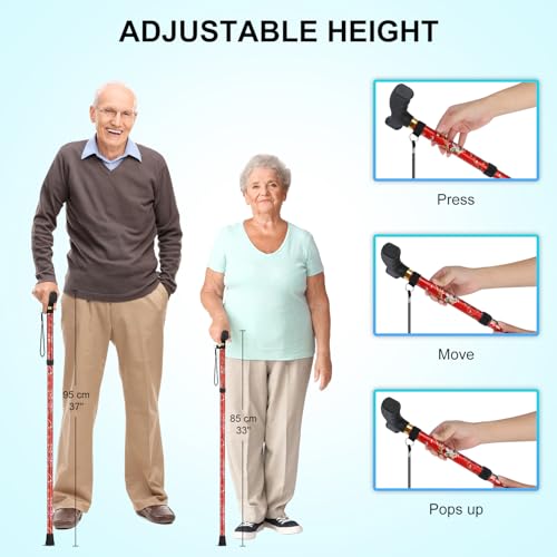 supregear Folding Cane, Lightweight 5-Level Adjustable Walking Stick with Wrist Strap and T-Handle, Portable Mobility Aid for Elderly and Disabled Men and Women - color: Floral Red