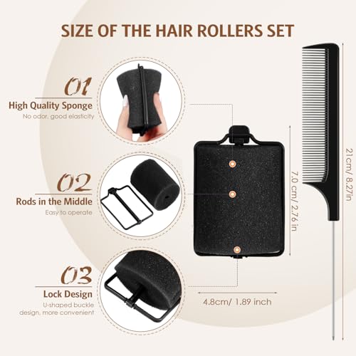 Syhood 12 Pcs Jumbo Foam Sponge Hair Rollers 1.89 Inch Soft Sleeping Curlers Flexible Large Foam Rollers and Rat Tail Comb for Hair Styling (Black) - color: Black