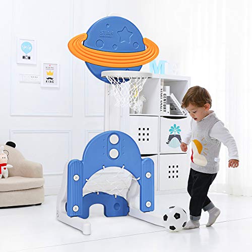 Costzon Kids Basketball Hoop, Toddler Sports Activity Center w/ 5 Adjustable Height Levels, Basketball Soccer Golf Game Set, Indoor Outdoor Basketball Hoop Set Gift for Baby Infant - color: Blue Galaxy, size: 22.5" x 22.5" x 59.5''(L X W X H)